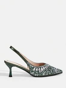 CUCCOO TILAWA Silver Toe Open Pointed-Toe Rhinestone Satin Wedding Heels For Women For Christmas Valentine's Day - Dark Green - View 2