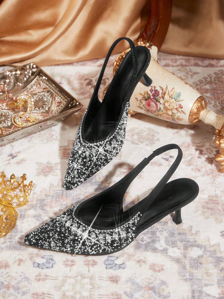 CUCCOO TILAWA Silver Toe Open Pointed-Toe Rhinestone Satin Wedding Heels For Women For Christmas Valentine's Day - Black - View 1