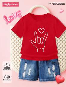Young Boy Casual Comfortable Fashion Minimalist Creative Funny Heart Hand Gesture Print Short Sleeve T-Shirt, Suitable For Outdoor Casual Wear, Spring/Summer, Valentine's Day - Red - View 5