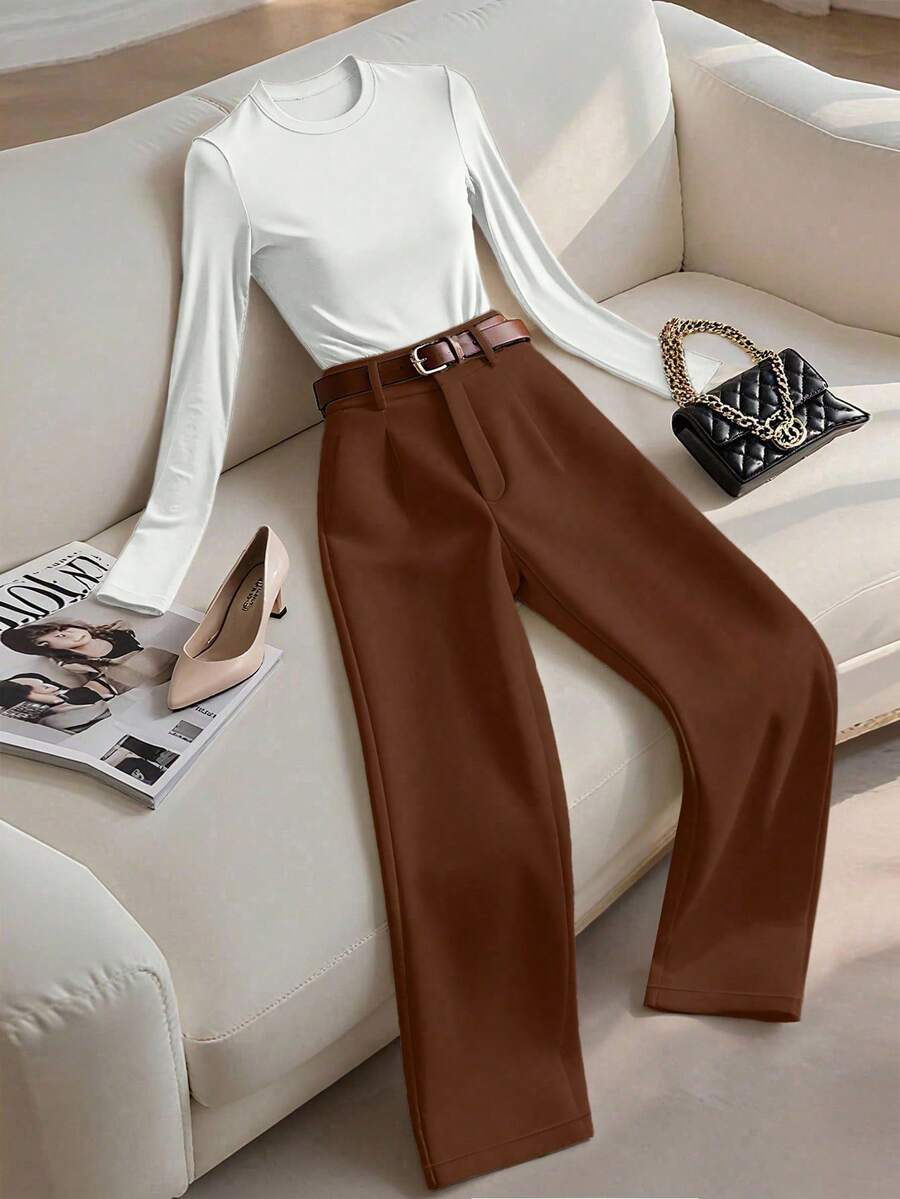 Franclia Conjunto Casual de 2 Peças Top e Calça Sólida para Mulheres, Calça Marrom, Calça Marrom Feminina, Calça Cintura Alta Casual para Mulheres - Multicolorido - Visão 1
