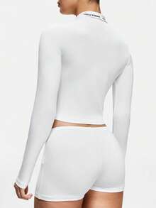 SHAPORA Pijama de mujer con estampado de letras, cuello alto y manga larga, top corto - Multicolor - Ver 3