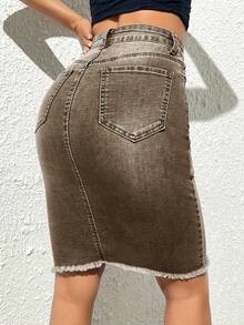 EMERY ROSE Women's High Waist Pocket Frayed Hem Fashion Pencil Denim Skirt - Coffee Brown - View 2