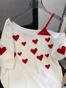 GlowEve Women's Casual Heart Print Asymmetric Neck T-Shirt, Summer - White - View 3