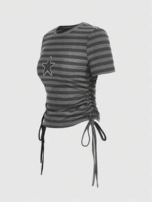 ROMWE Grunge Punk Women's Side Drawstring Striped Print Star Embroidery Skinny Round Neck T-Shirt, School - Black - View 3