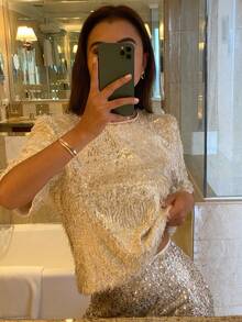 DAZY Sequin Embellished Round Neck Loose Fit Party T-Shirt For Women Y2k - White - View 4