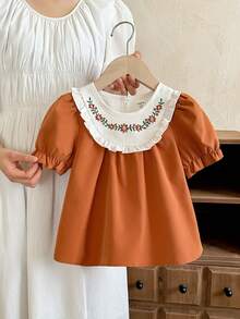 SHEIN LMoss Kids 女童法式优雅花卉刺绣撞色泡泡袖衬衫 - 彩色 - 查看 4