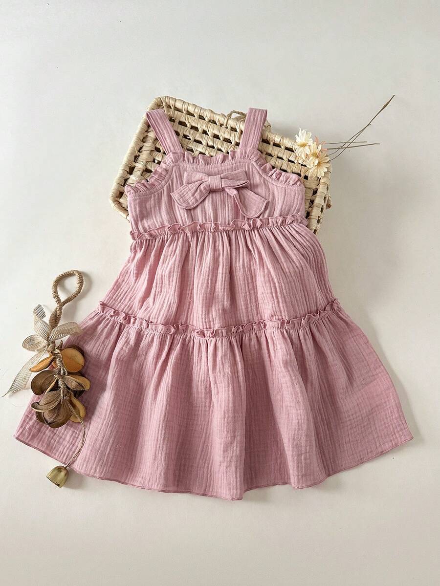 SHEIN Young Girl' Sweet Cute Pink Spaghetti Strap Ruffle Bow A-Line Cake Dress, Suitable For Spring/Summer Parties, Outings, Daily Wear - Pink - View 1