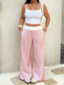 Sunnyshic Quần ống rộng kẻ sọc phong cách đường phố thường ngày, dáng rộng phối màu tương phản, thích hợp cho mùa xuân/thu. - Hồng - Xem 8
