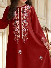 SHEIN Áo Jalabiya trẻ em màu đỏ họa tiết hoa, thanh lịch, cổ điển, thêu hoa, kiểu dáng truyền thống tối giản, tay dài, phù hợp cho bé gái tuổi teen vào mùa xuân/hè, váy tay dài kín đáo, áo Abaya cầu nguyện, thoải mái dễ chịu, trang phục thường ngày, phong cách nghỉ dưỡng, áo Kaftan kín đáo, áo Jalabiya trẻ em, áo Jalabiya cho bé gái tuổi teen - trắng - Xem 5