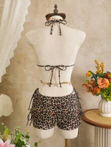 Zestiva 2026 New Spaghetti Strap Black & Brown Leopard Print Side High Cut Drawstring Thong Bikini Bottom Low Waist Side Drawstring Skort 3-Piece Sexy Swimwear Set For Women Animal Print Swim Wear Cheetah Print Two Pieces Bikini Skirt Set Cheetah Print Bathing Suit Women Leopard Set - Multicolor - View 2