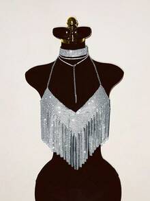 EgrlEra Women's Metal Spaghetti Strap Necklace, Fringed And Shiny, Suitable For Music Festival And Party Outfits - Silver - View 6