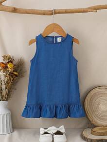 SHEIN 可爱女童宽松荷叶边无袖蓝色休闲连衣裙，夏季 - 彩色 - 查看 5