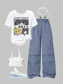SHEIN 2pcs/Set Teenage Girls Casual Fashion Cartoon Girl Graphic Round Neck Short Sleeve Top And Cargo Pants Set - Dusty Blue - View 6