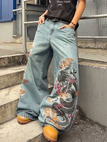 ROMWE MEN Men's Loose Fit Wide Leg Dragon Embroidery Pattern Jeans - White - View 5
