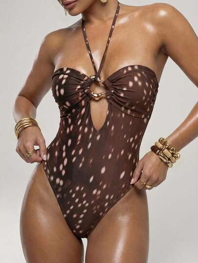 SHEIN BAE Women's Sexy Elegant Romantic Printed Spaghetti Strap Backless Hollow Out High Slit One-Piece Swimsuit, Vacation Outfit,Summer,Spring Break Outfits ,Valentine's Day,Beach ,Beach Outfits For Women ,Beach Outfit ,Birthday,Going Out,Deer Pattern,Brown One-Piece Beachwear,2026 Summer New Beachwear, Beach Party