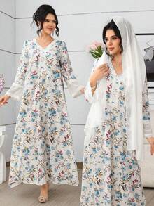 Yasmyna V-Neck Chiffon Lace Patchwork Floral Print Dress With Headscarf, Pink