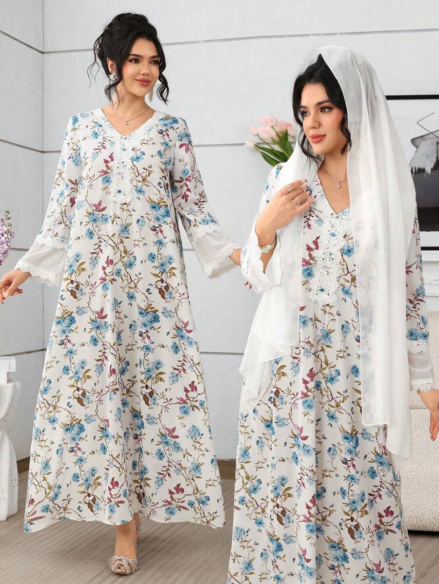 Yasmyna V-Neck Chiffon Lace Patchwork Floral Print Dress With Headscarf, Pink