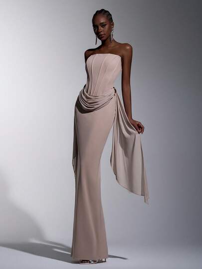 Elitara Elegant, Romantic, Fashionable Grey-Pink Elastic Fabric Strapless Dress With Fishbone & Metal Decor, Back Slit, Suitable For Elegant Party, Wedding Guest, Grey-Pink Dress, Fashionable & Elegant Bridesmaid Dress