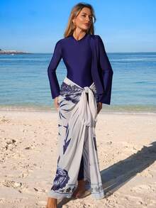 Swim Mulvari Bộ đồ bơi Burkini tay loe 3 món dành cho nữ đi biển - Màu xanh hải quân - Xem 4