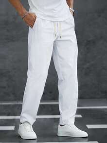 Manfinity Homme Men's Drawstring Waist Pockets Straight Loose Casual Pants - White - View 7