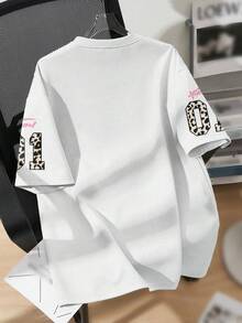 SHEIN EZwear 女士休闲豹纹印花及数字 01 图案宽松圆领短袖T恤 - 彩色 - 查看 4