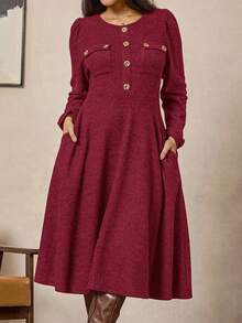 Zelara Elegant Formal Burgundy Autumn Vintage Coin Metal Button Embellished Plus Size Mid-Length Tweed Dress,Winter Classic Clothes For Women Outfit - Red - View 5
