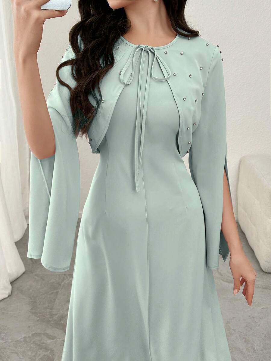 Modelyn 2pcs Women's Elegant Short Jacket With Rhinestones & Fitted Dress Set, Spring/Summer