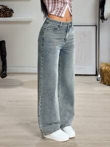 SHEIN ICON 女士口袋纽扣休闲百搭通勤阔腿牛仔裤 - 薄荷藍 - 查看 5