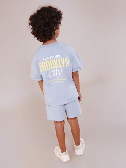 SUMWON Boys Oversized T-Shirt And Shorts Set With Brooklyn City Print Crew Neck Short Sleeve Summer Casual Coordinates Outfit