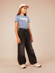 Quần jeans ống rộng SUMWON Tween màu đen, chất liệu denim mài, họa tiết da báo và các mảng sao, cạp cao, kiểu dáng casual, thích hợp đi học, đi chơi cuối tuần hoặc đi nghỉ mát. - màu đen - Xem 3