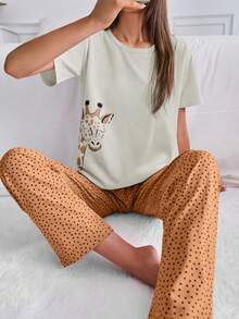 EURMUSE 100%Cotton 2Pcs Cotton Animal Print Shirt And Heart Printed Long Bottom PJ Set - White - View 1