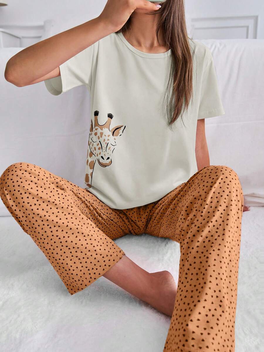 EURMUSE 100%Cotton 2Pcs Cotton Animal Print Shirt And Heart Printed Long Bottom PJ Set - White - View 1