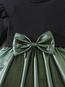 SHEIN Baby Girl Colorblock Bow Decor Dress - Green - View 6