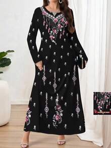 Al Najma Plus Size Elegant V-Neck Long Sleeve Floral Print Knit Dress, Suitable For Layering, Work, Date, Vacation, Casual, Party, Holiday, Autumn/Winter Women Long Dress, Flowing Maxi Dress, Floral Maxi Dress/Vintage Dress, Botanical Print Dress, Black Dress - Black - View 1
