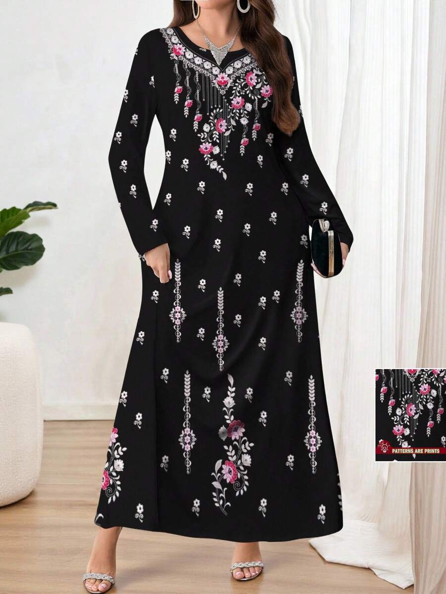 Al Najma Plus Size Elegant V-Neck Long Sleeve Floral Print Knit Dress, Suitable For Layering, Work, Date, Vacation, Casual, Party, Holiday, Autumn/Winter Women Long Dress, Flowing Maxi Dress, Floral Maxi Dress/Vintage Dress, Botanical Print Dress, Black Dress - Black - View 1