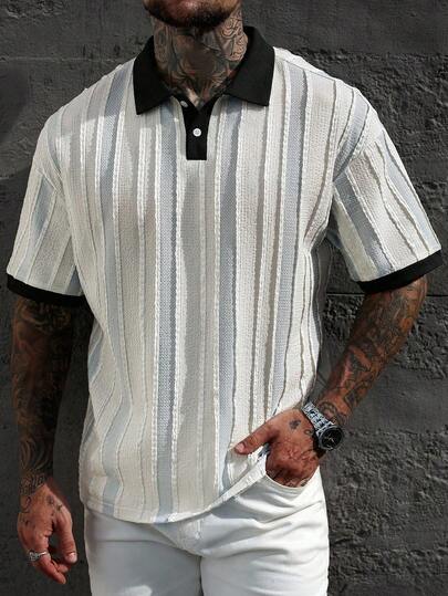 Manfinity CasualCool Men's Striped Short Sleeve Casual Polo Shirt,Men Old Money,Daily Leisure, Weekend Trips, Outdoor Activities, Travel Expeditions, Relaxed Work Environments Or Semi-Formal Occasions, Boyfriend/Husband Gift, Anniversary /Birthday Gift Party Summer Vacation Holiday,Wedding,Spring To Summer,Mardi Gras,Modern Mens Two Tone Striped Polo Shirt Short Sleeve Button Placket Black Trim Collar Summer Casual Wear,Men Retro Shirt,Men Street Wear Shirt,College Style Pattern Polo Men,Men Striped Polo Shirt,Men Short Sleeve Polo