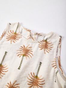 SHEIN 2pcs Girls Coconut Tree Print Bow Backless Camisole And Wide Leg Pants Set - Apricot - View 7