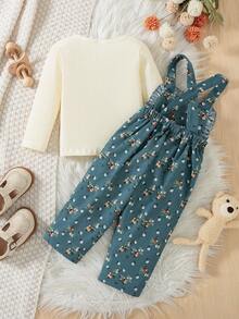 SHEIN Vintaside Kids 女嬰燈芯絨印花吊帶褲套裝 秋季 - 藍色 - 查看 2