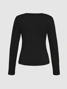 Women's Solid Color V-Neck Long Sleeve Fitted Casual Versatile T-Shirt