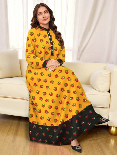 SHEIN Najma Plus Size Women's Shalky Floral Digital Print Elegant Arabic Style Dress With Mandarin Collar, Spring
