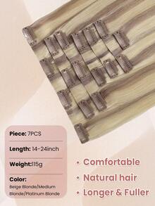 7pcs Seamless Clip In Human Hair Extensions, Beige Blonde Mix Medium Blonde With Platinum Blonde Hair Extensions Clip In Human Hair Invisible PU Skin Weft Natural Remy Human Hair Extensions - SP18/22/60 - View 3