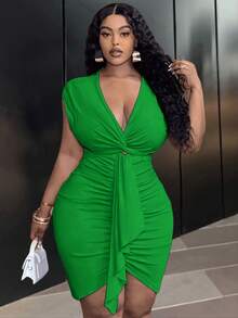 Slaydiva 大码优雅修身纯粉色迷你连衣裙，适合派对和约会穿着，胸前扭结设计，腰部褶裥，撞色系带细节，春夏款，夏季连衣裙 - 綠色 - 查看 2