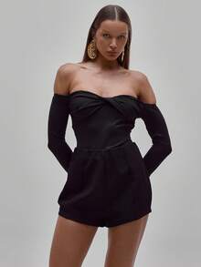 MUSERA Slinky Twist Bust Detail Fitted Long Sleeve Bodysuit,Black,Autumn,Seksi Chic,Club Night Out Elegant Occasion Valentines Bridal Wedding Party - Black - View 5