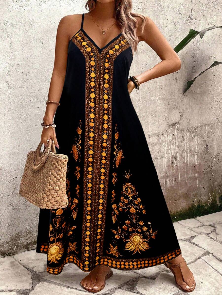 Breezaya Đầm maxi dáng bohemian không tay cổ chữ V sâu, in họa tiết và thêu, dành cho nữ cỡ lớn, phong cách vintage thường ngày, thích hợp cho kỳ nghỉ, đi biển, đi làm mùa hè. - Nhiều màu - Xem 1