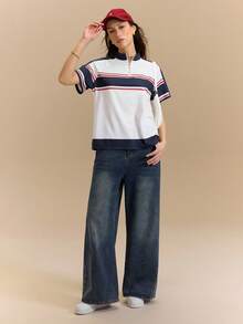 Hanevo Áo thun nữ cổ tròn kẻ sọc, khóa kéo kim loại ở vai, kiểu dáng thường ngày, đa năng cho đi làm, thích hợp cho mùa xuân/hè. - Nhiều màu - Xem 3