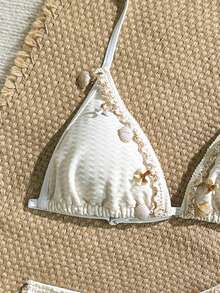 SHEIN Teen Girls Vacation Apricot Halter Neck Tankini With Seashell Embroidery Polyester Mid Waist Swimsuit - Apricot - View 3