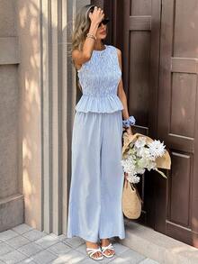 Chiquease French Vintage Women's Blue And White Stripe Sleeveless Co-Ord Set,Summer Smocked Peplum Top & Wide-Leg Pants,Casual Vacation Holiday Office Two Piece - Blue - View 4