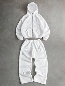 PAVTROS Manfinity Streetrush 男士街头风格流行 INS 十字全印花毛巾带 3D 刺绣，适合户外音乐节、夜总会、酒吧、男朋友/丈夫礼物、周年纪念礼物、运动衫和连帽衫套装、2 件套服装白色套装、男士 2 件套、男士 2 件套补丁、秋装冬装