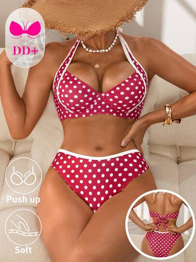Swim DD+ Conjunto de 2 piezas de traje de baño de mujer, bikini con estampado de lunares, elegante y encantador para vacaciones en la playa. Acabado de contraste sofisticado, lazada ajustable, bikini con aros y copas push-up para tallas grandes, en rojo y blanco, sexy y elegante, adecuado para la playa, vacaciones, fiestas y uso diario. La nueva colección primavera/verano 2026 de ropa de playa para mujer ya está disponible. Con prendas de baño y piezas para vacaciones en la playa con un estilo bohemio sofisticado, elegante y romántico, sencillo y casual, dulce y lindo, perfecto para todas las estaciones. Adecuado para Año Nuevo, San Valentín, vuelta al cole y viajes, esta colección es ideal para vacaciones, playas, picnics de té de la tarde, festivales de música, fiestas, citas, uso diario, ropa casual, deportes al aire libre, viajes por carretera y diversas ocasiones talla grande.