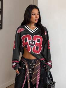 Coolane 女士秋冬街头风外出音乐节休闲运动印花V领长袖针织T恤 - 彩色 - 查看 5